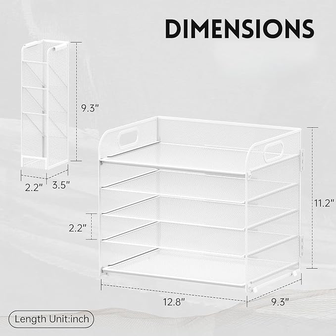 5-Tier Paper Organizer for Desk with Pen Holders, Letter Trays, White | Metal Mesh Desktop File Organizer with Removable Trays and 2 Handles for Paper, Files, Mail, Folders in Office Home or School