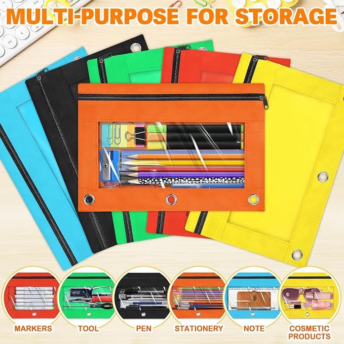 Pencil Pouch for 3 Ring Binder, 36 Packs Zipper Pencil Pouch Bulk 6 Colors | Pencil Case for Binder with Clear Window, Pencil Pouches Bulk for School Classroom, Teacher Students Supplies Bulk