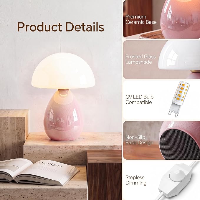 Mushroom Lamp Table Lamp for Bedroom-Small Desk Table Lamps,Pink | Ice Crackle 8.7" Mid Century Modern Table Lamps for Living Room Bedroom Decor,Ceramic Lamps for Home Room Decor,Glass Shade