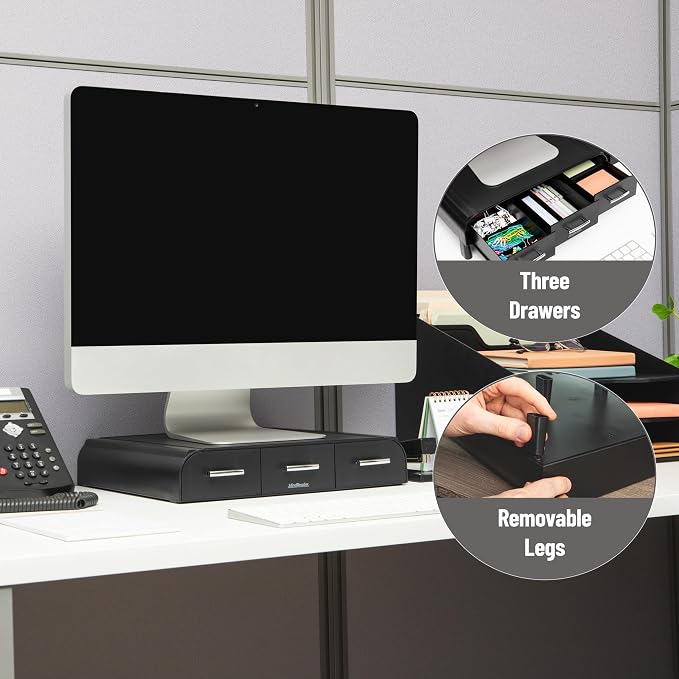 Mind Reader Monitor Stand, 3 Storage Drawers, Desktop Organizer, Riser, Office, 13.5"L x 13"W x 4"H, Set of 2, Black