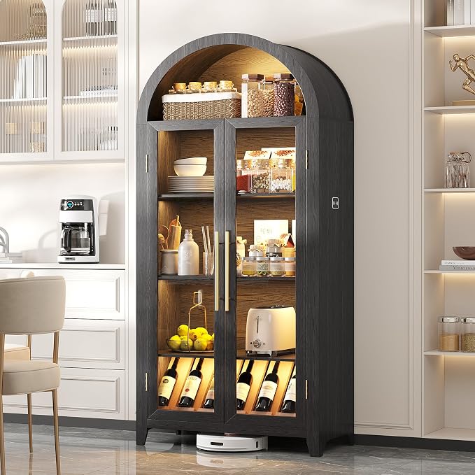 Vlsrka 71" Arched Kitchen Pantry Storage Cabinet with Glass Doors | 5-Tier Display Cabinets for Collectibles, Tall Bookcase with LED Light & Motion Sensor, Curio Cabinet with Adjustable Shelf