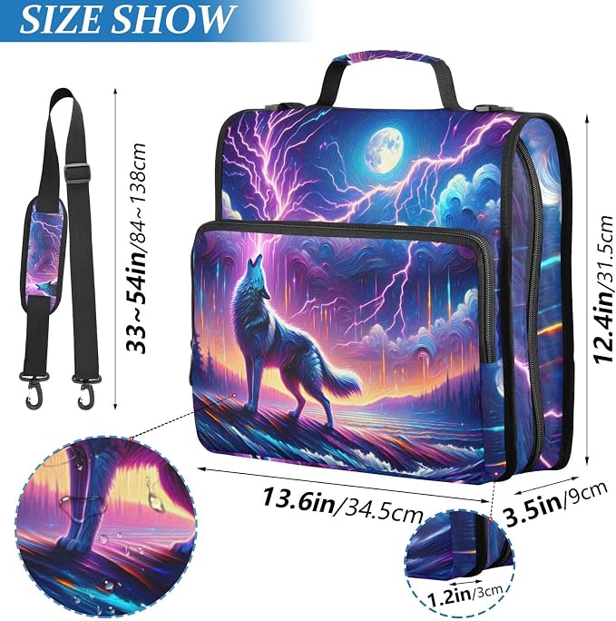Galaxy Forest Wolves Zipper Binder Bag 3 Ring Binder with Shoulder Strap Zip Up 500 Sheets Capacity Multi Pockets for School Office Supplies