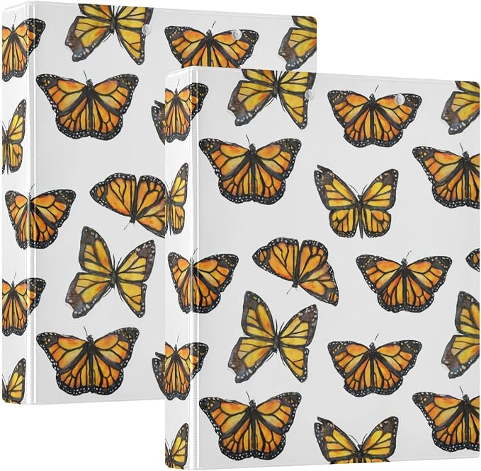 Watercolor Monarch Butterfly Binder 3 Ring 1.5 Inch Binder with Clipboard&Pockets, Hardcover Binders Heavy Duty Large File Folder for Office School Supplies - Holds 200 Sheets,2 PC