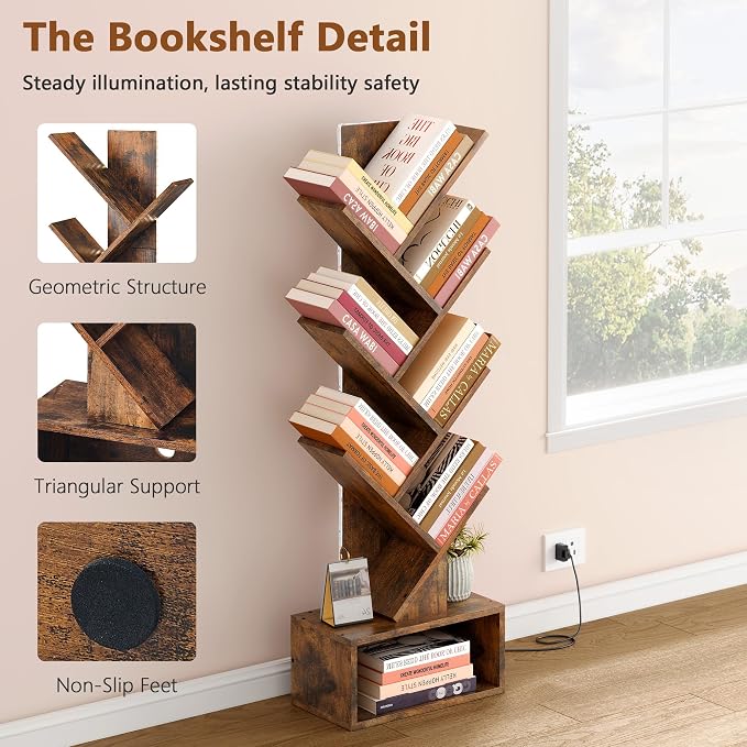 Hoctieon 6 Tier Tree Bookshelf, Tall Bookcase, Freestanding Book Shelf with LED Lights, Display Floor Standing Storage Shelf, Book Organizer Shelves for Home Office, Living Room, Rustic Brown