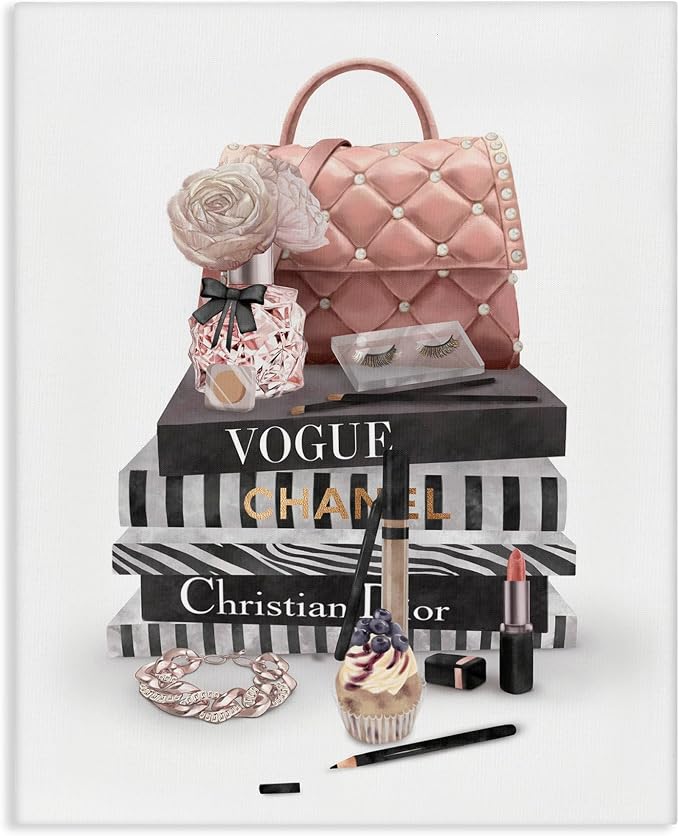 Stupell Industries Fashion Bookstack Purse Perfume Pink Glam Design, 16 x 20, Gallery Wrapped Canvas | Stupell Industries · By Ziwei Li · Ready to hang · Chic decor for living room · bedroom · or office · Made in USA