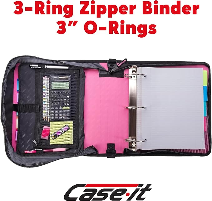 Case-it Mighty Zip Tab Zipper Binder, 3" O-Ring with 5-Color tabbes, Expanding File Folder and Shoulder Strap and Handle, D-146-Light Pink (Pack of 6)
