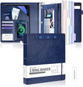 Ospelelf 3 Ring Clipboard Binder with Storage Pouch, 1 Inch Round Ring, Leather Magnetic Clipboard Folder with Notepad (11" x 8.5"), 5 Dividers with 10 Pockets, School Office Binder, Navy Blue