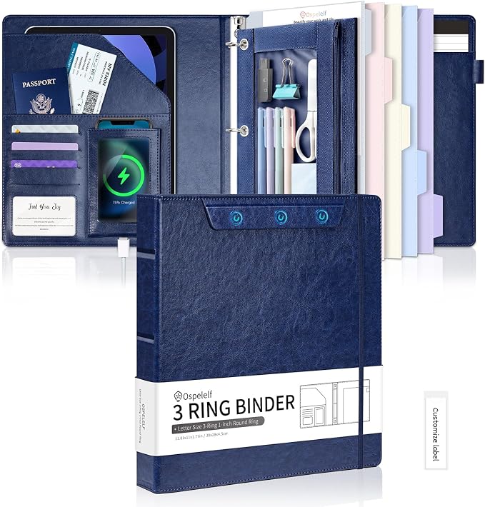 Ospelelf 3 Ring Clipboard Binder with Storage Pouch, 1 Inch Round Ring, Leather Magnetic Clipboard Folder with Notepad (11" x 8.5"), 5 Dividers with 10 Pockets, School Office Binder, Navy Blue