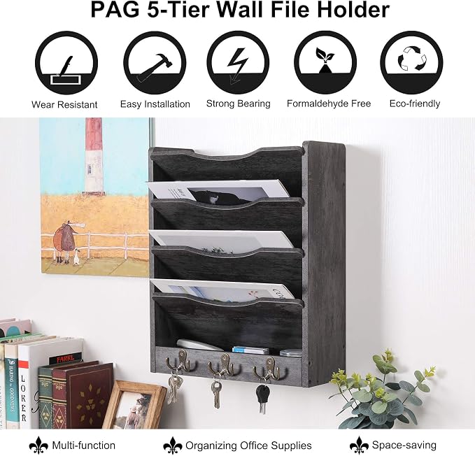 5-Tier Wall File Holder Hanging Mail Organizer Wood Magazine Literature Rack with 6 Hooks, Dark Gray