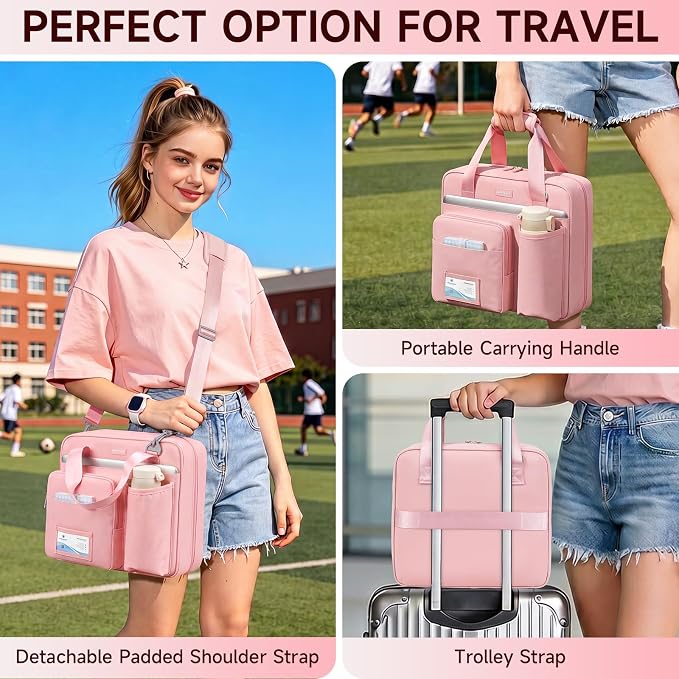 3 Ring Zipper Binder Bag, 3 Inch D-Ring 700 Sheet Capacity, Portable File Organizer with Removable Shoulder Strap & Multiple Pockets for School Office Travel Summer Study Back to School,Pink