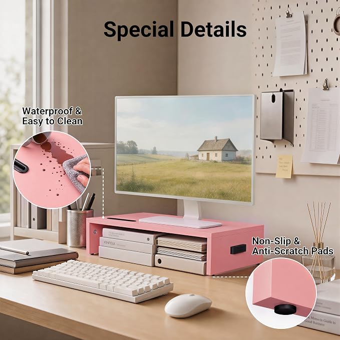 BONTEC Monitor Stand Riser with Cellphone Holder & Cable Management | 16.7 Inch Wood Monitor Riser Stand, Desktop Stand for PC/TV/Laptop/Printer, Pink