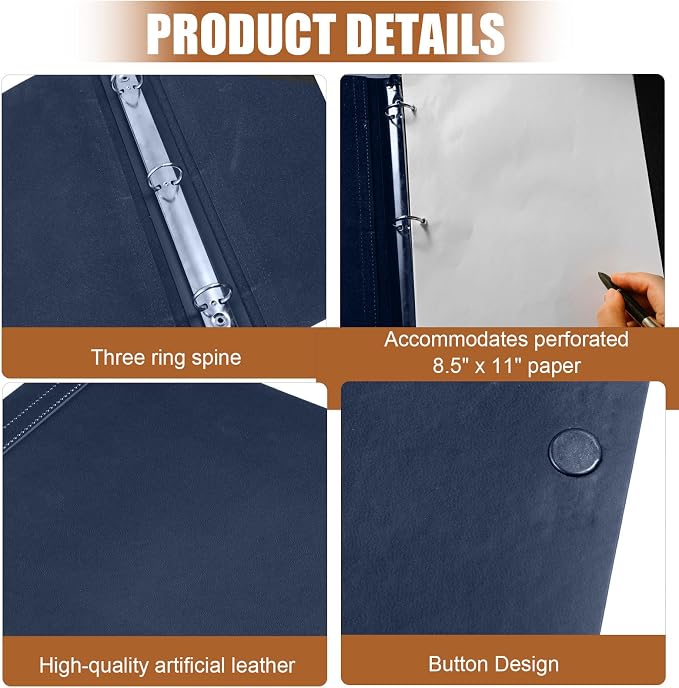 Teling 1 Pcs Leather 3 Ring Binder Holds 8.5 x 11 Inch Paper Binder Organizer Vintage Faux Leather Portfolio Folder Planner for Office Home Document Photo Diary Supplies (Navy Blue)