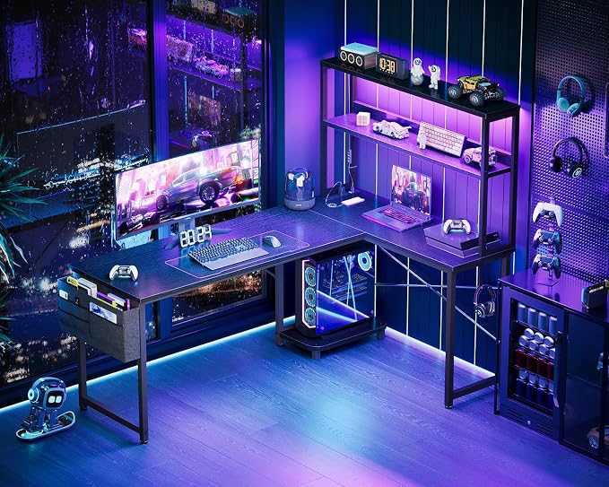 AODK L Shaped Desk Gaming Desk with LED Light & Power Outlet | 61 Inch Black Reversible L Shaped Computer Table with Shelf & Storage Bag & Hook for Home Office