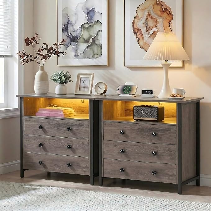 27" LED Nightstand Set 2 with Charging Station & 3 Drawers | RGB App Control, 2 AC Outlets & 2 USB Ports, Open Storage, Adjustable Feet, Wood Tall Nightstand for Bedroom or Office
