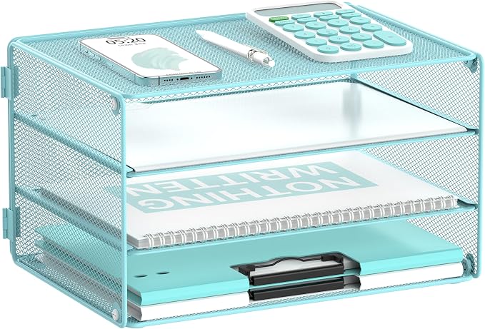 DALTACK 3 Tier Letter Tray Paper Organizer with Sliding Mesh Trays Blue | Metal Mesh File Organizer with Sliding Trays for Letter and A4 Paper, Mail, Bills, Folders and Office Documents