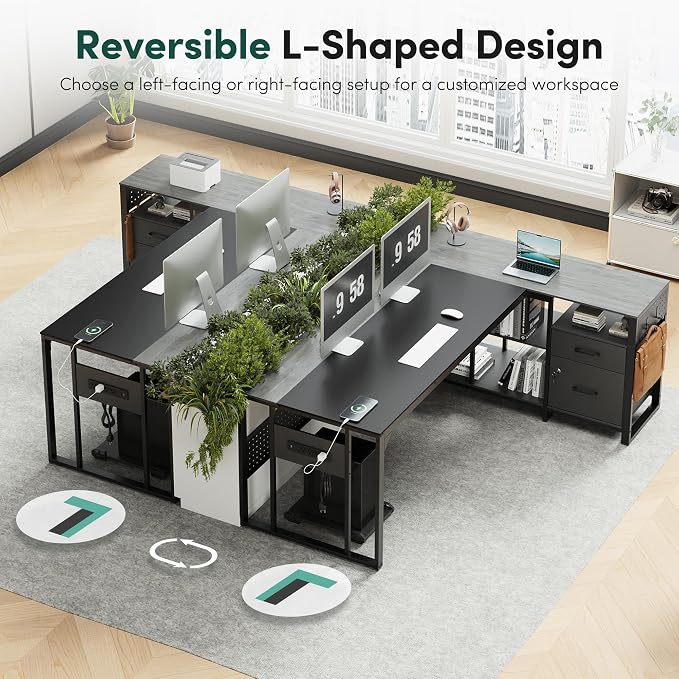 MALOL 70.3" Reversible L-Shaped Office Desk with Power Outlet Computer Desk | Large Executive Desk with Locked File Drawers & Storage Shelves, Pegboard, Mobile CPU Stand, Modern Corner Desk, Grey