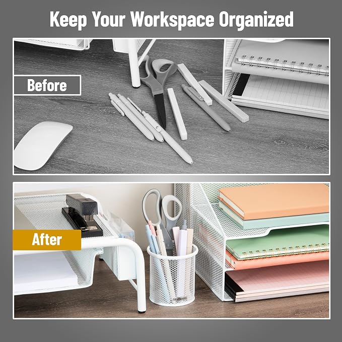 Mind Reader Pen and Accessories Holder, Desktop Organizer, Office, Metal Mesh, 3.5"L x 3.5"W x 3.75"H, Set of 3, White