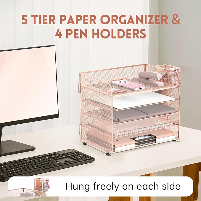 5-Tier Paper Organizer for Desk with Pen Holders, Letter Trays, Rose Gold | Metal Mesh Desktop File Organizer with Removable Trays and 2 Handles for Paper, Files, Mail, Folders in Office Home or School