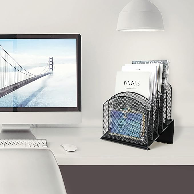 Delifox Inclined Desk File Organizer,Vertical File Folder Holder Stand Metal Rack File Sorter for Office Classroom Desktop Organization (1, Black, 5)