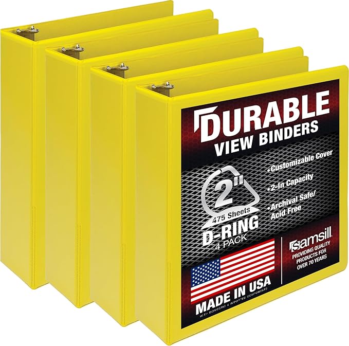 Samsill Durable 2 inch 3 Ring Binder, D Ring Binder, 100% Recycled Chipboard, Yellow, 4 Pack