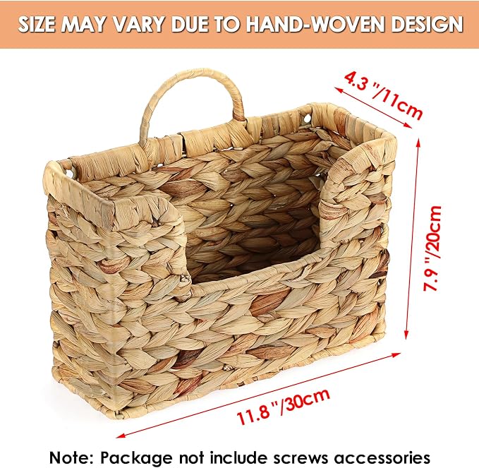 BTSKY Woven Magazine Holder, Hanging Water Hyacinth Mail Baskets for Wall | Wall Mounted Mail Organizer for Magazines, Files, Books, Magazine Rack Hanging Basket for Home & Office - 11.8x4.3x7.9 Inch