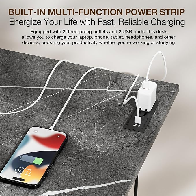 TEMI Small Computer Desk Folding Table - No Assembly, Compact 43.3" Foldable Desk with Power Outlets & USB Charging Port, Portable Small Office Desk, Ideal Mini Study Table, Marble Greige