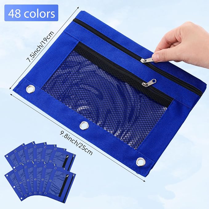 Leelosp 48 Pack Pencil Pouch for 3 Ring Binder,Royal Blue | Bulk Mesh Zipper Binder Pouches Pencil Boxes for Classroom Pencils Case Bags for Storing School Students Teacher Supplies