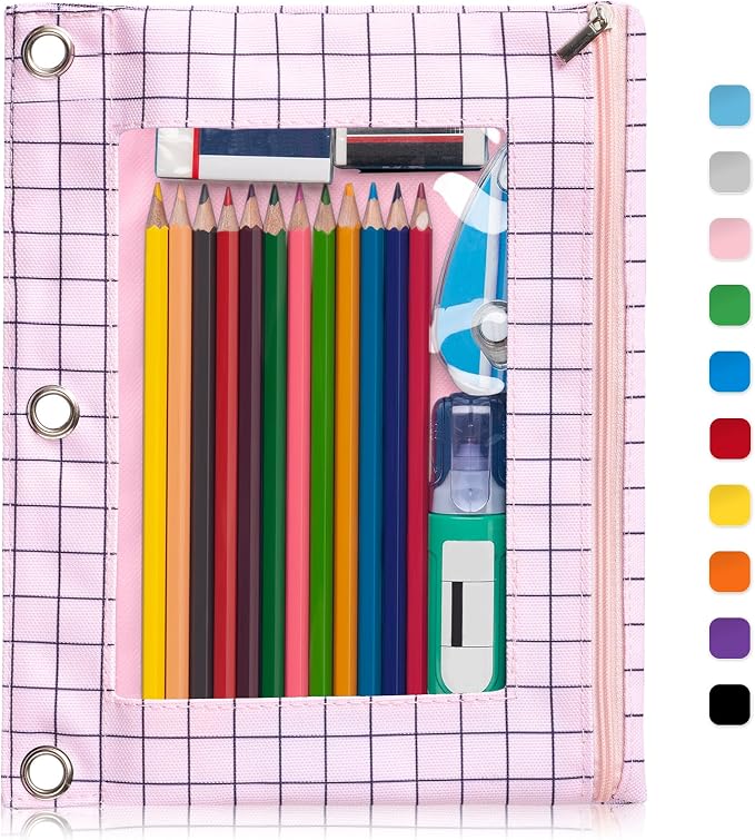 Forvencer Pencil Pouch for 3 Ring Binder, Large Pencil Case Pouch Binder | 3 Reinforced Grommets, Pen Bag, Clear Window Pencil Case, Binder Accessories, Pink Plaid