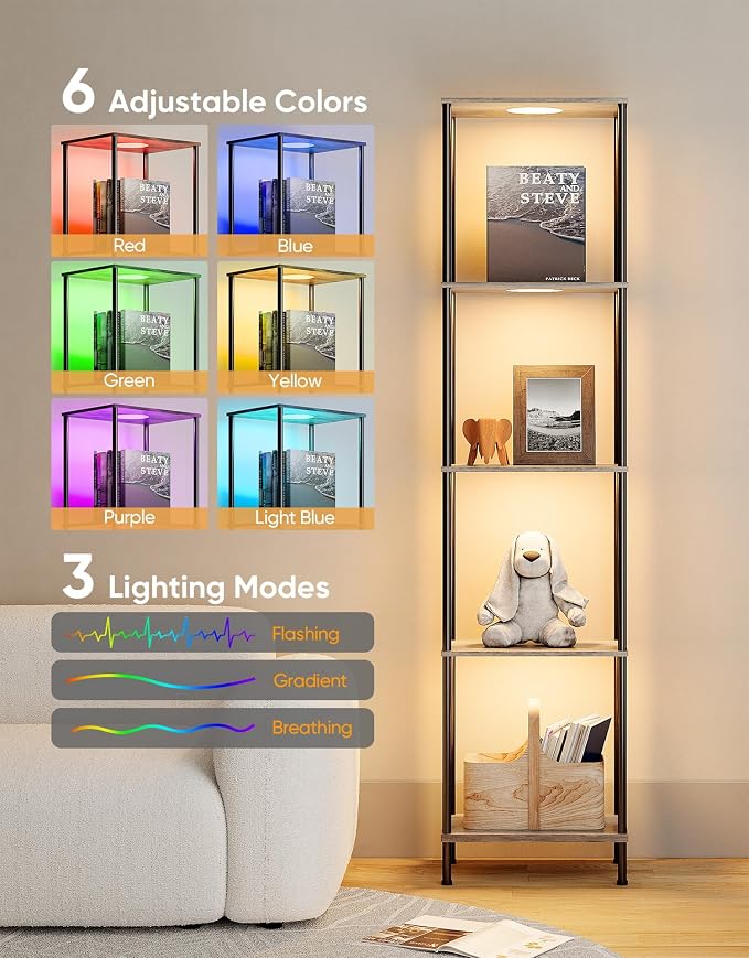 Display Shelf with RGBW Light, Color Changing Curio Cabinet Floor Lamp with Shelves Corner Standing Column Lamp Etagere Organizer Tower Nightstand Bookcase for Living Room Bedroom Office Décor, Gray
