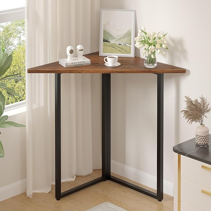 VECELO Corner Desk,Office Tables for Living Room for Small Space Triangle Computer Desk with Steel Frame Corner Shelves with Metal Frame Writing Desk for Workstation Classic Brown 31.1"