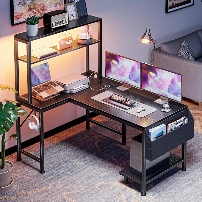 L Shaped Gaming Desk with LED Lights & Power Outlets | Reversible Computer Desk with Storage Shelves & Bag, Small Corner Home Office Desk with Pegboard for Work from Home, Black