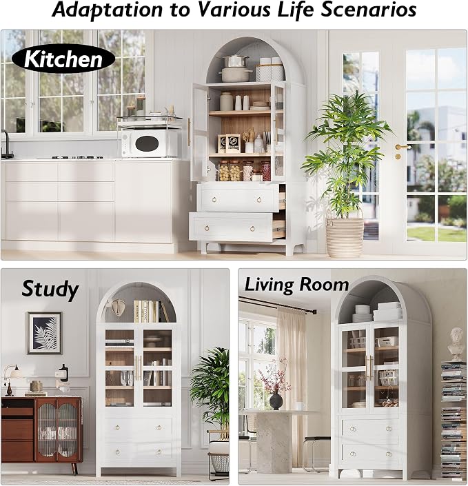 71" Arched Storage Cabinets with Glass Doors, Farmhouse Kitchen Pantry Cabinet with 2 Large Drawers, Tall Bookcase with Adjustable Shelves, Curio Cabinet, Display Cabinet(White)
