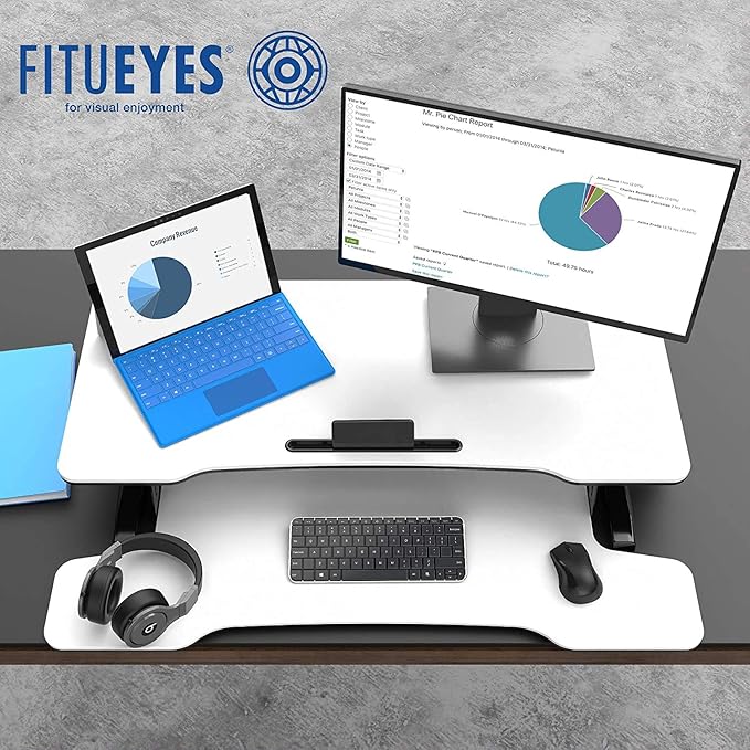 FITUEYES Height Adjustable Standing Desk 36” Wide Sit to Stand Converter Stand Up Desk Tabletop Workstation for Laptops Dual Monitor Riser White SD309103WW