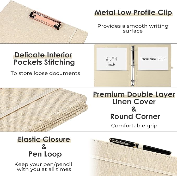 EYROZILL 3 Ring Binder, 1 Inch Linen Binder Organizer for Letter Size (8.5" x 11") with 5 Tab Dividers, File Folder Labels and Low Profile Clipboards, School and Office Supplies-Apricot