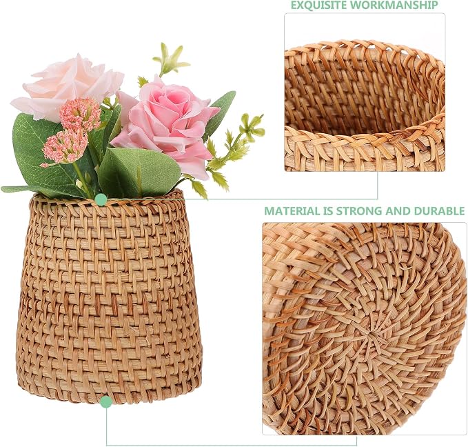 Cabilock Woven Vase Pen Holder Desktop Pen Holder and Organizer Small Wicker Sundries Storage Basket for Office Desk Home Decor 3.54 X 3.54 X 3.93 in