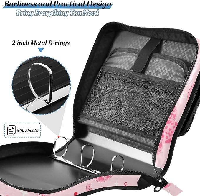 Fisyme Pinks Western Cowgirl Boots Zipper Binder 3 Ring with Zipper and Shoulder Strap Large Capacity Multi-Pocket Zipper Binder Organizer
