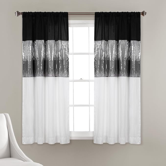 Lush Decor Night Sky Window Curtain Panel, Single 42"W x 63"L Black & White - Sequin Backdrop Curtain - Room Darkening Curtains For Bedroom - Glam Decor