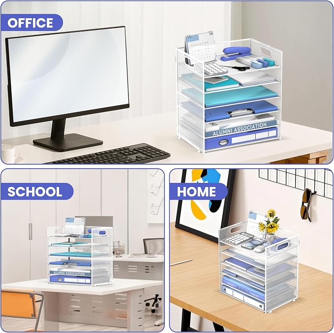Daltack 6-Tier Paper Organizer for Desk with Handle, White | Sturdy Metal Mesh Organizer with Movable Middle Trays and a Carry Handle for Papers, Folders and Office Supplies
