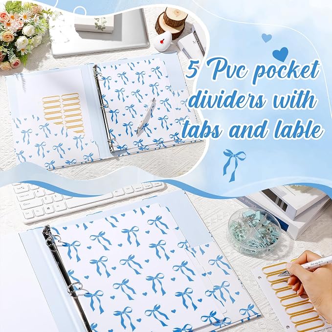 Colarr 3 Ring 1 Inch Blue Bow Binder with 2 Pockets Cute Bow Knot Clipboard Binder Organizer for Back to School 8.5" x 11" Letter Size 5 PVC Index Dividers with Tabs 18 Label Stickers Office Supplies