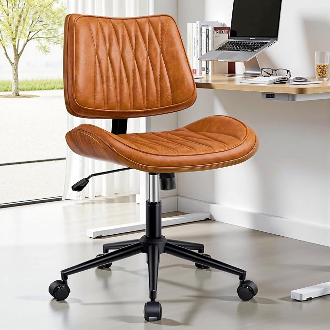 Ergonomic Armless Office Desk Chair - Mid-Century Retro Orange Faux Leather with Diamond Stitch, Adjustable Height Swivel Rolling Task Computer Chair with Walnut Accent for Home Office, Study & Work