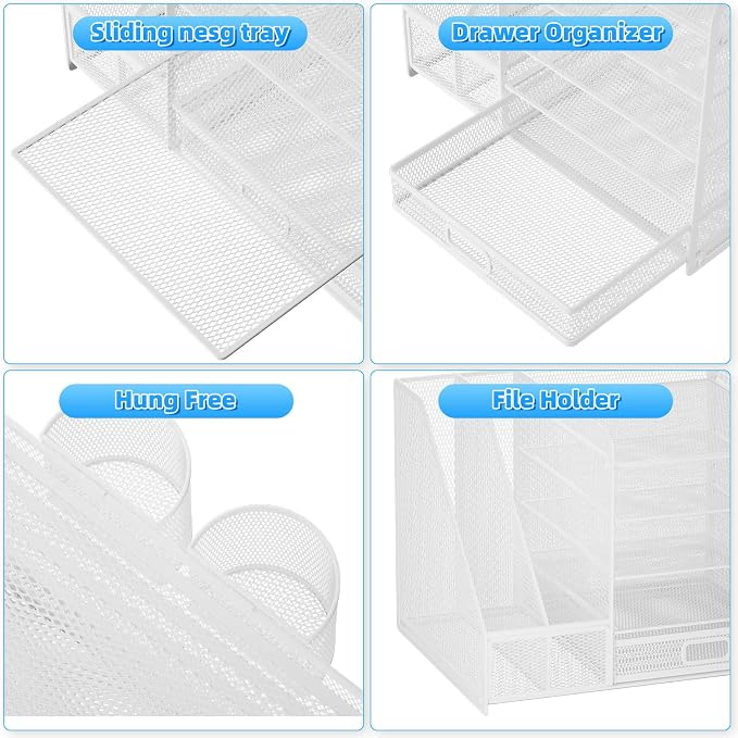 Lavatino Desk Organizer with File Holder, 5-Tier Paper Letter Tray Organizer with Sliding Drawer and 2 Pen Holder, Mesh Desktop File Organizer for Office Supplies, White
