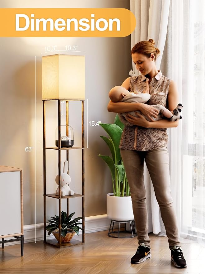 Floor Lamp with Shelves for Living Room 2 Pack, Shelf Floor Lamp with 3 CCT LED Bulb, Corner Display Standing Column Lamp Etagere Organizer Tower Nightstand for Bedroom, Rustic Brown