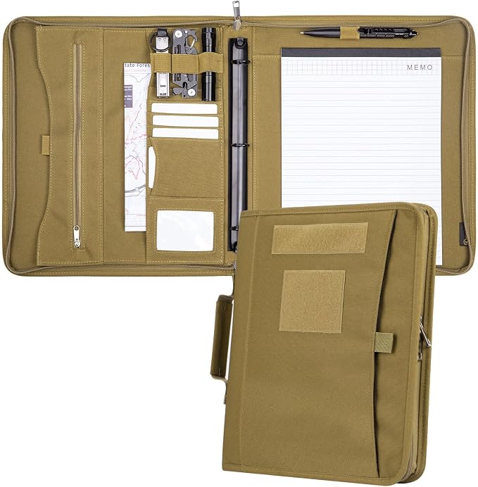 Kosibate Tactical Padfolio Portfolio Binder with Zipper and 25 Sheets of Letter Size Paper,Notebook Cover,Tactical Notebook with Zippered for Folders,Detachable 3-Ring Binder(A4,Khaki,13.5X 11.5Inch)