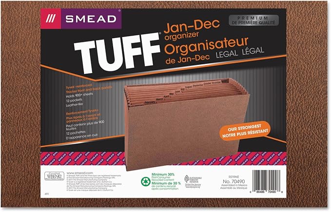 Smead TUFF Expanding File, 12 Pockets, Monthly (Jan.-Dec.) Legal Size, Redrope (70490), brown