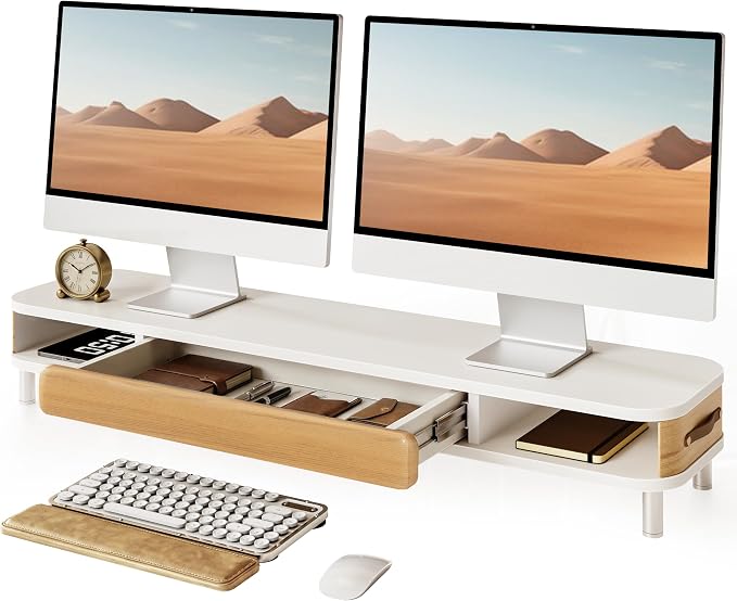 Fenge Dual Monitor Stand with Large Storage Drawer, 42.5" Dsek Shelf, White | Slide-Out Drawer with Wood Grain Finish, Ergonomic Monitor Riser, Aluminum leg, 2-Tier Desk Organizer for Laptop, TV, PC