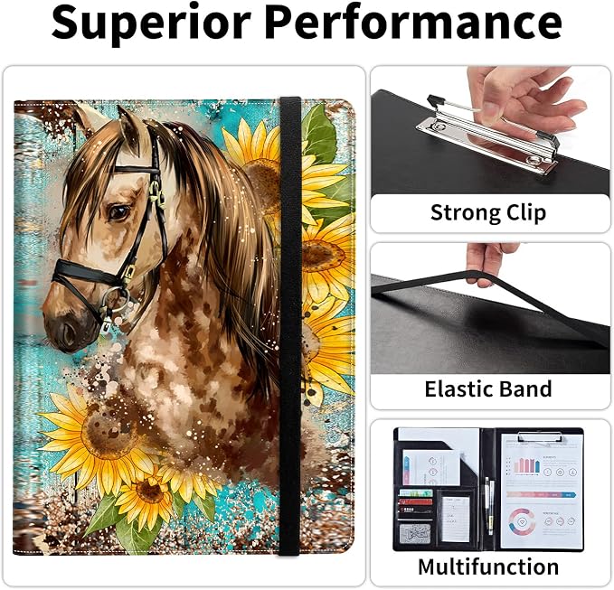 Padfolio/Portfolio Folder Clipboard,Padfolio Clipboard,Writing Portfolio Leather with Cover for Card Holder Slot Letter Size A4 for Office Conference Notepad Clip Boards,Horse Leopard Sunflower