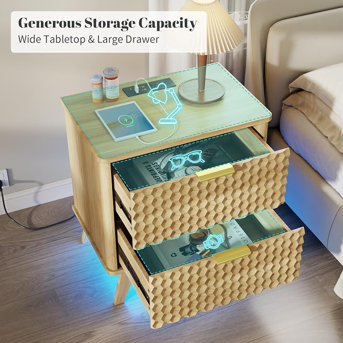 Smart Nightstand with Charging Station and LED Lights, Natural Oak | 23.62" Wide Night Stand with 2 Drawers, Motion Sensor Motion-Activated Underlight, Honeycomb Bedside Table for Bedroom
