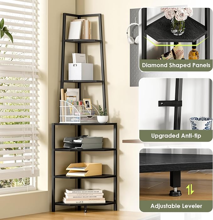 VECELO 6 Tier Corner Shelf 69 Inch Industrial Bookshelf with Metal Frame, Multipurpose Tall Plant Stand with Opening Display Shelves for Living Room, Bedroom, Home Office, Small Space, Black