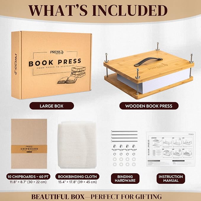 Pressandco Book Press – 14.6" x 11.6" Wooden Bookbinding Press with Leather Handle for Binding Books, Repair, Rebinding & Paper Craft – Includes Tools: 10 Binder Boards & Bookbinding Cloth