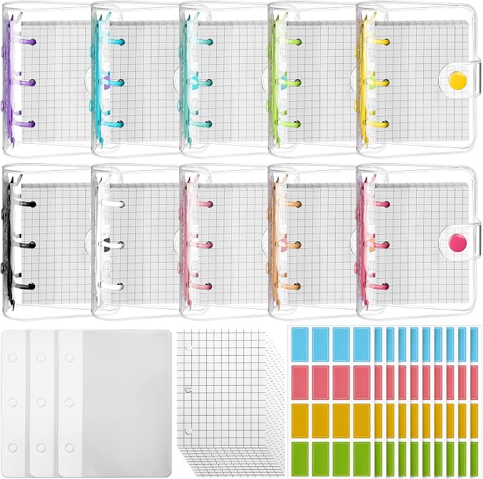 Yahenda 10 Sets Mini Transparent 3 Ring Binder Covers with Inner Papers Storage Bags Label Sticker Clear Soft PVC Loose Leaf Notebook Cover Protector Pockets (Clear)